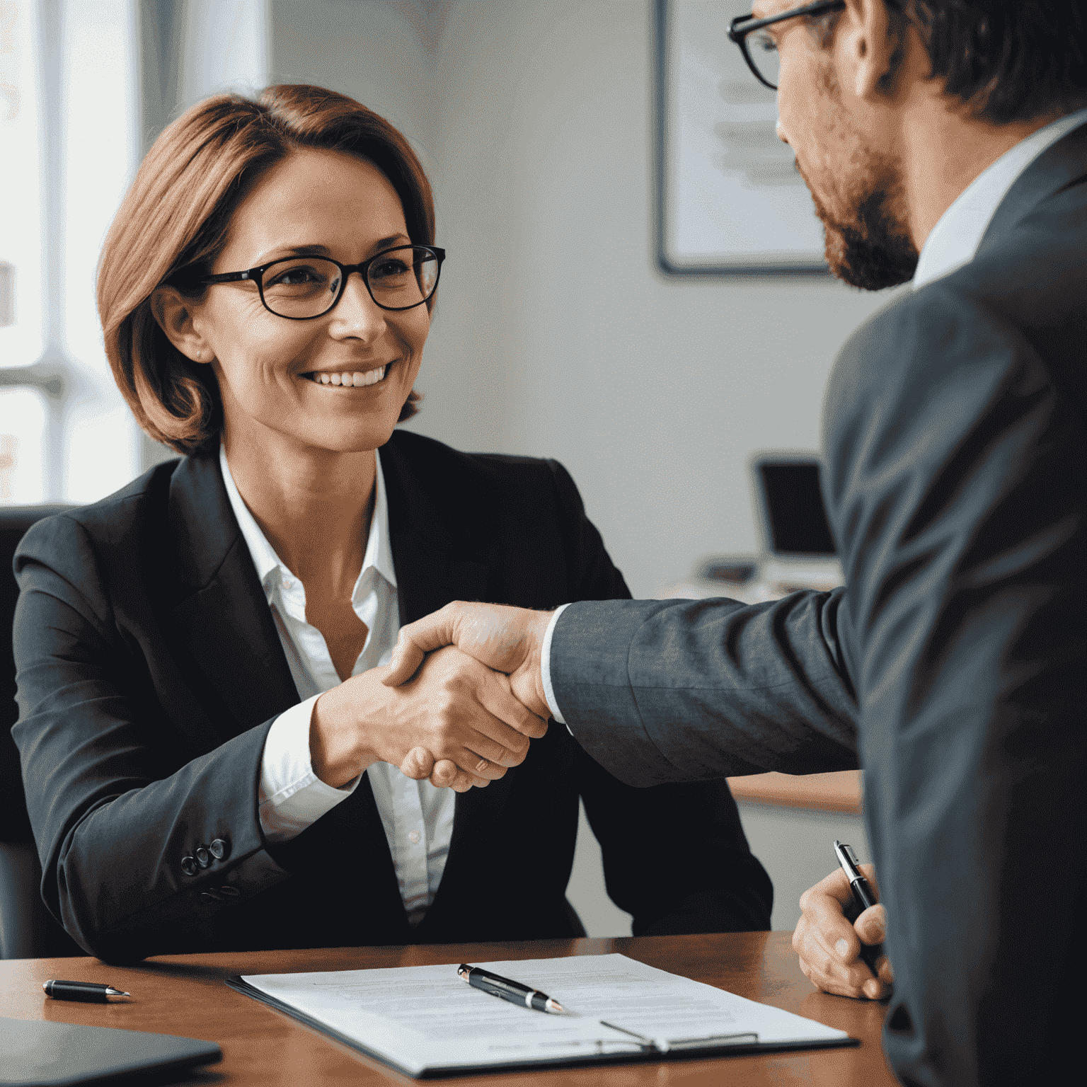 A professional lawyer shaking hands with a satisfied client, symbolizing a long-term relationship in legal services