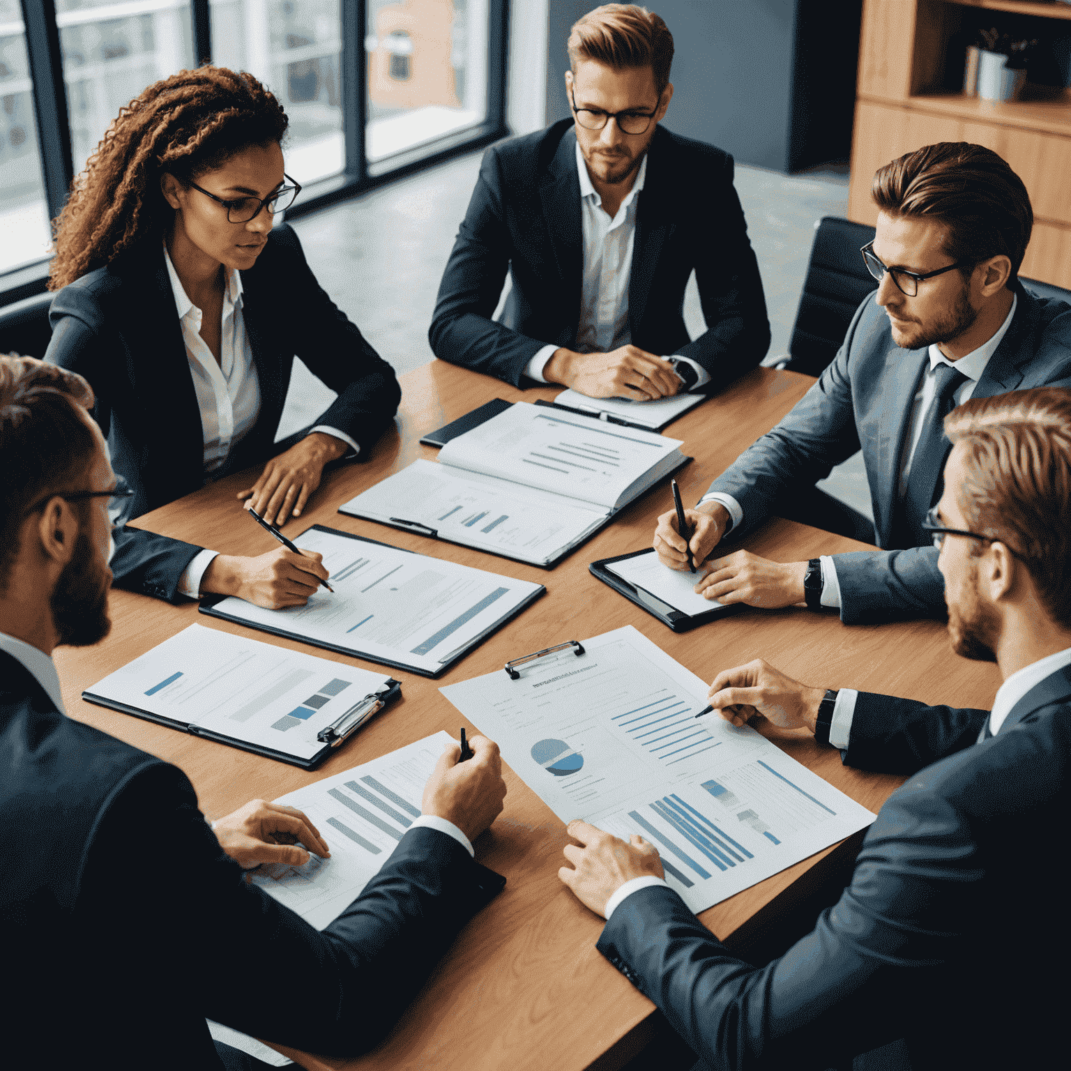 A professional team of lawyers and business consultants discussing legal strategies in a modern office setting. The image showcases diverse professionals collaborating over documents and digital presentations, symbolizing the innovative approaches to legal challenges discussed in the article.